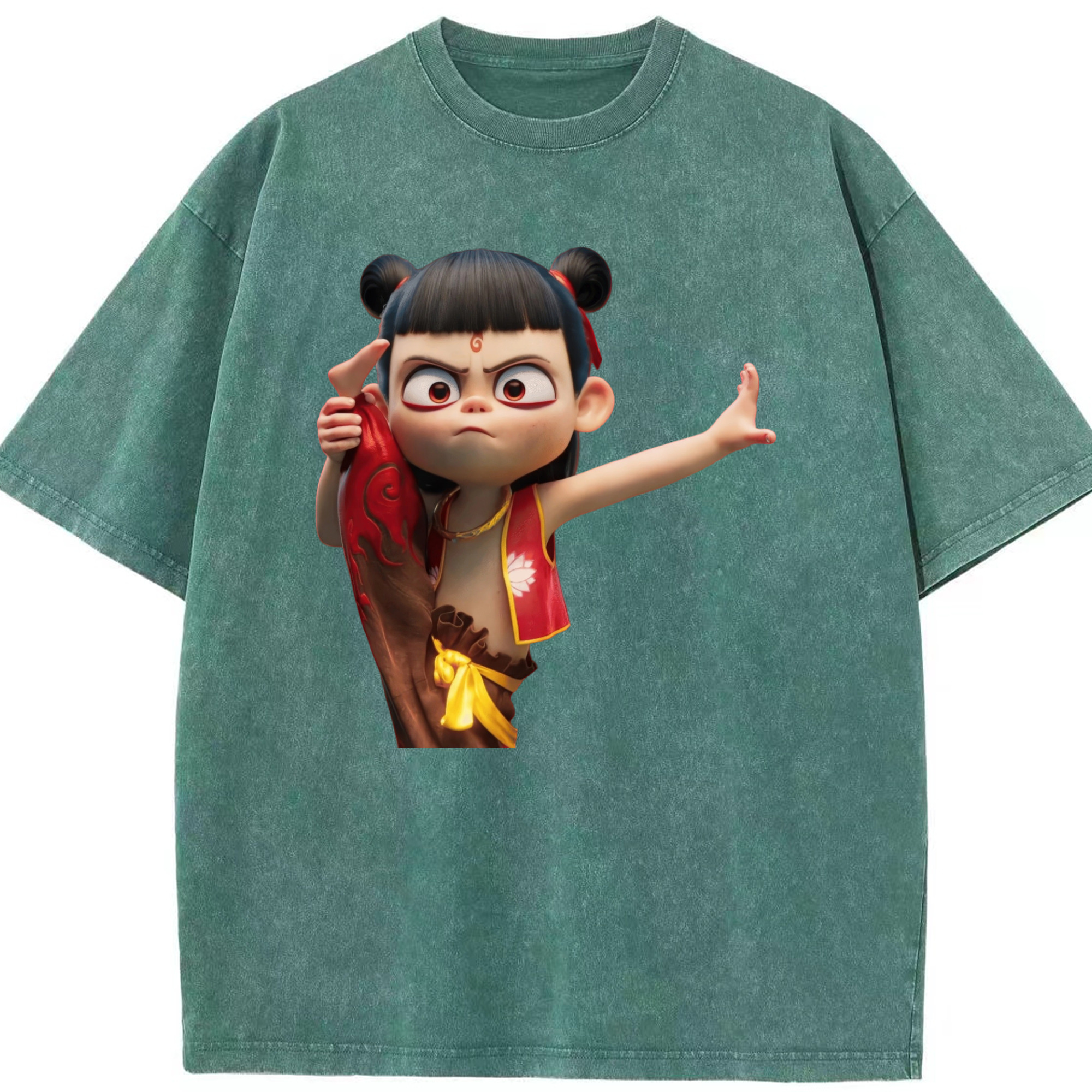 （画像用） Ne Zha 2 ナタ 魔童の大暴れ 綿100% ヴィンテージ風 半袖Tシャツ（フロントプリント）